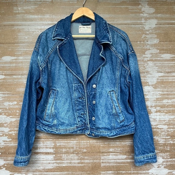 Free People Crop Denim Trucker Jacket Western Preppy Boho Dark Wash Womens L - Picture 3 of 6